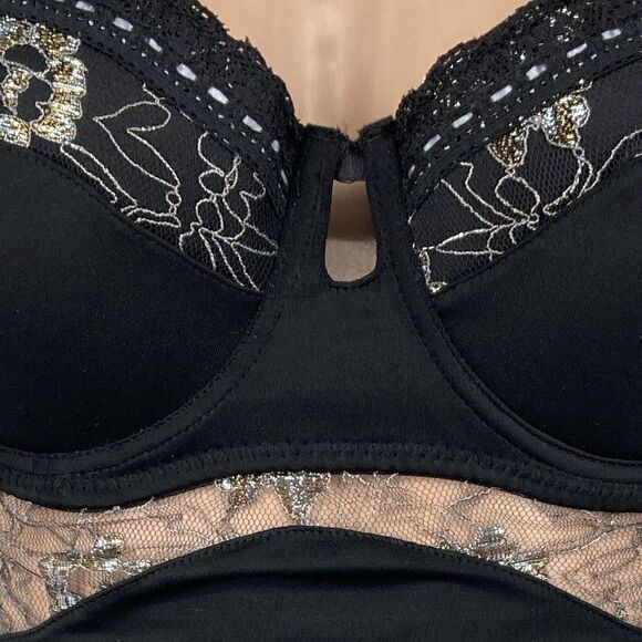 Popsi Lingerie Silver Embroidered Lace /Black Babydoll Size M - Picture 3 of 8